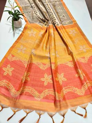 cream warli print tissue tussar silk saree with floral pallu 3