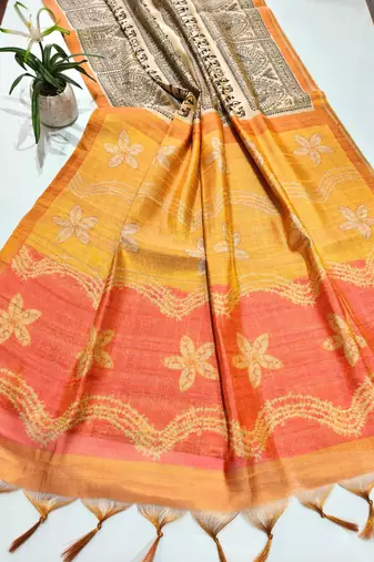 cream warli print tissue tussar silk saree with floral pallu