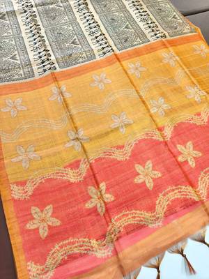 cream warli print tissue tussar silk saree with floral pallu 4