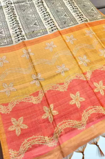 cream warli print tissue tussar silk saree with floral pallu