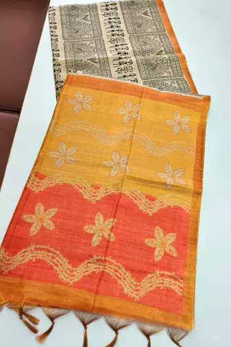 Cream color warli print with flowers tissue tussar silk warli saree