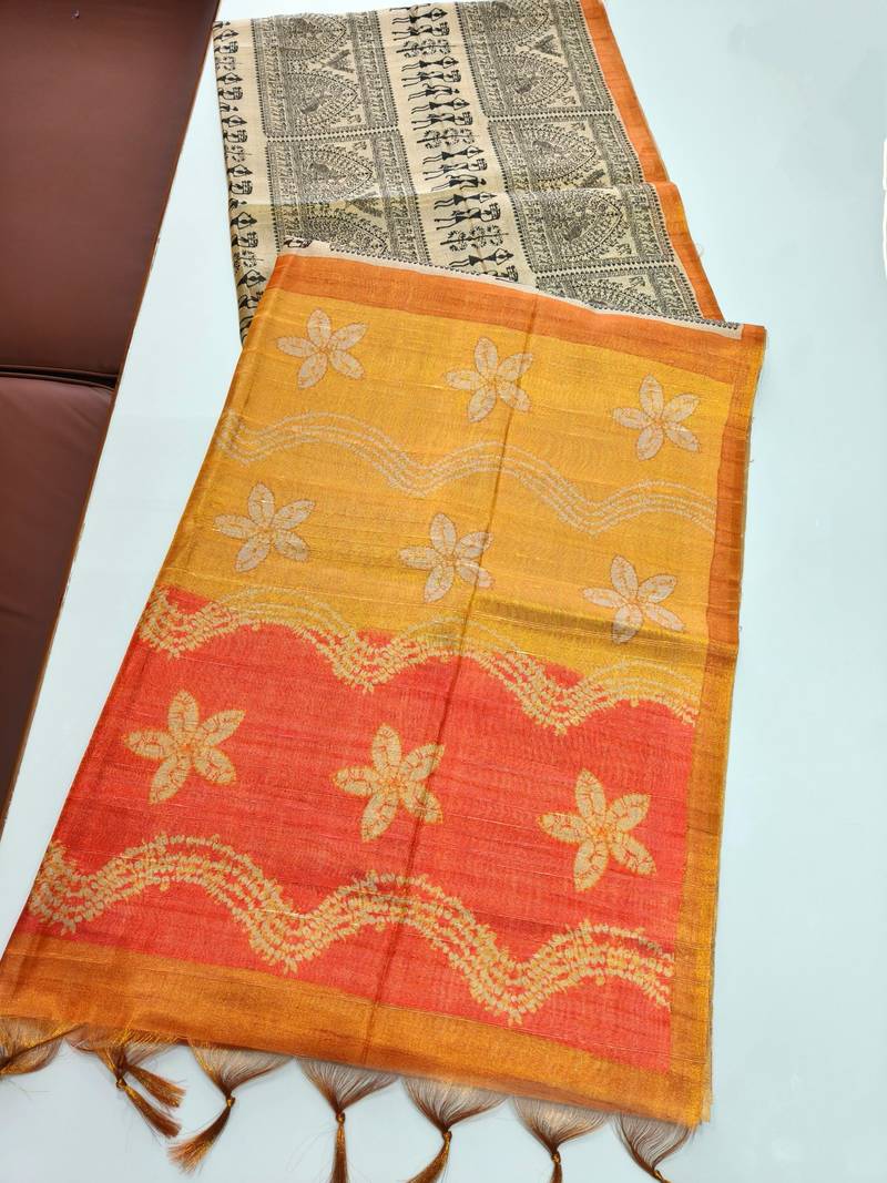 Cream color warli print with flowers tissue tussar silk warli saree