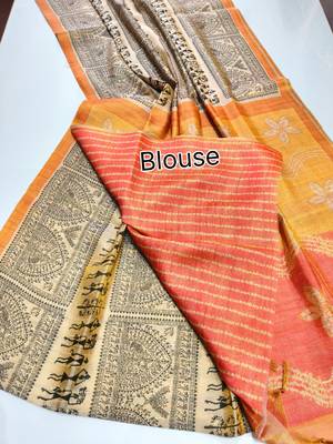 cream warli print tissue tussar silk saree with floral pallu 5