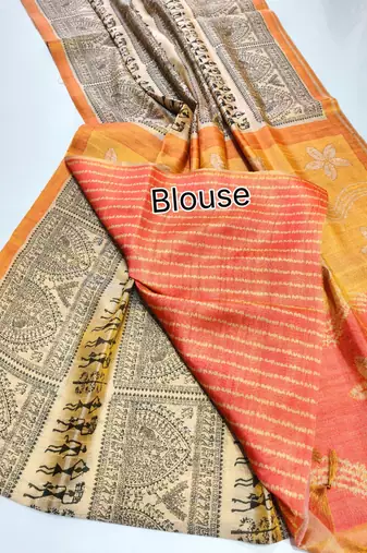 cream warli print tissue tussar silk saree with floral pallu