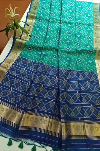 Aqua blue color resham and zari weaving raw silk pochampali ikkat saree