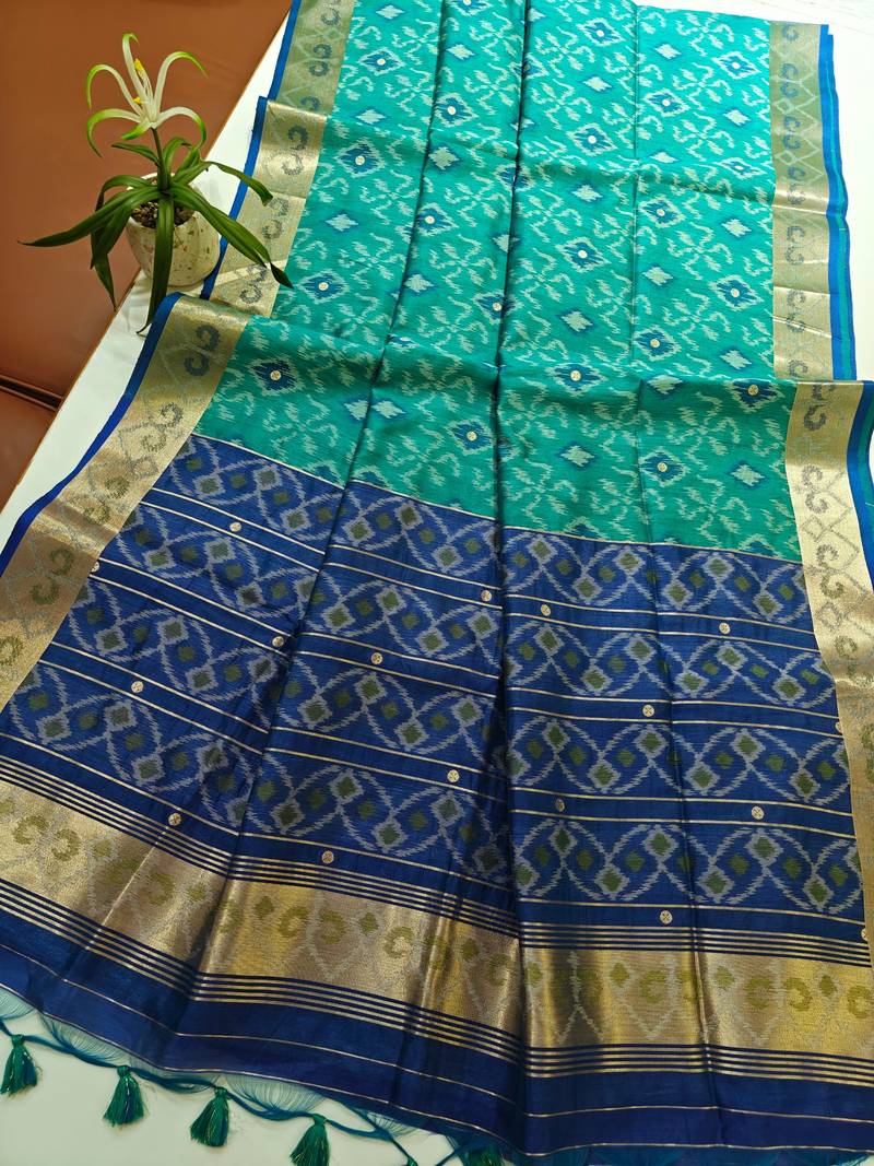 Aqua blue color resham and zari weaving raw silk pochampali ikkat saree