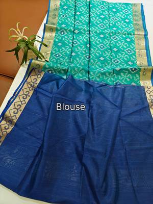 aqua blue raw silk pochampally ikkat saree with zari border 4