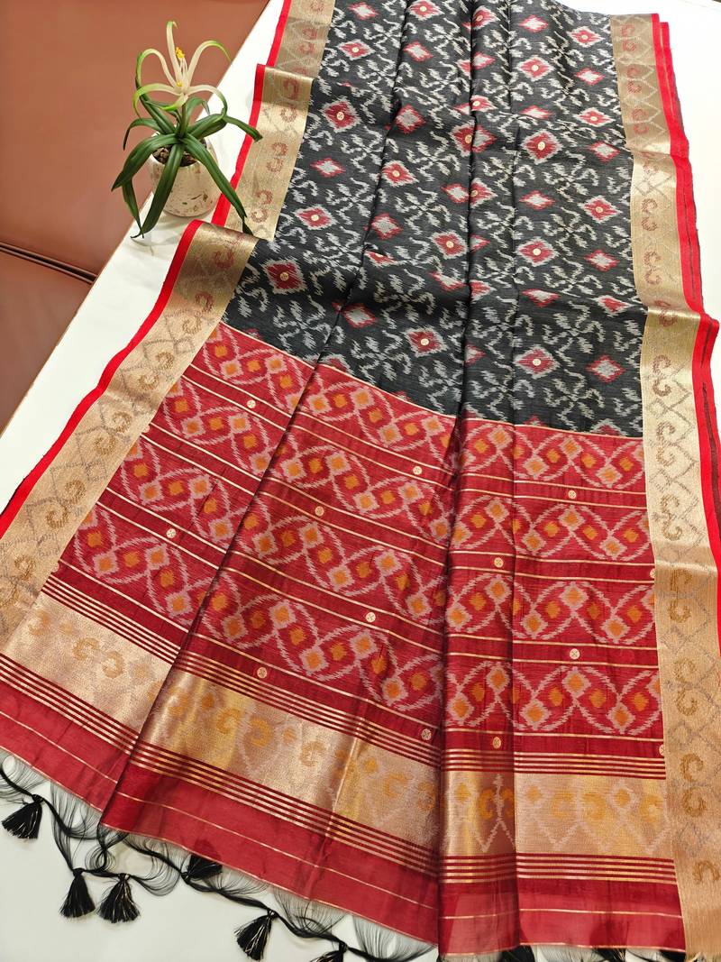 Black color resham and zari weaving raw silk pochampali ikkat saree