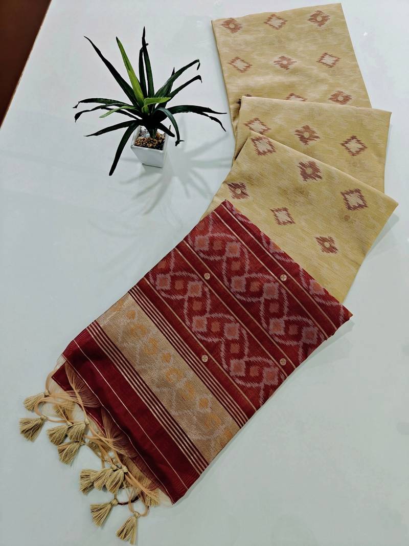 Cream blue color resham and zari weaving raw silk pochampali ikkat saree