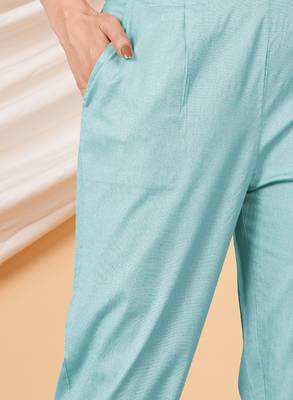 Women   s solid blue lycra ankle-length pants with side pockets 2