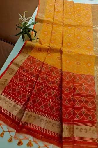 ember blue raw silk pochampally ikkat saree with zari border