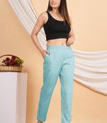 Women   s solid blue lycra ankle-length pants with side pockets