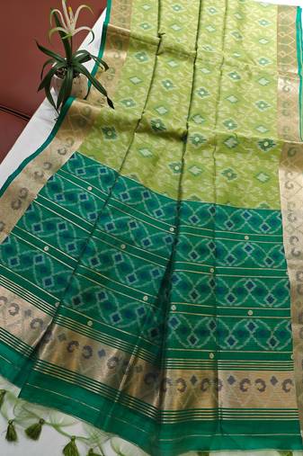 Light olive color resham and zari weaving raw silk pochampali ikkat saree