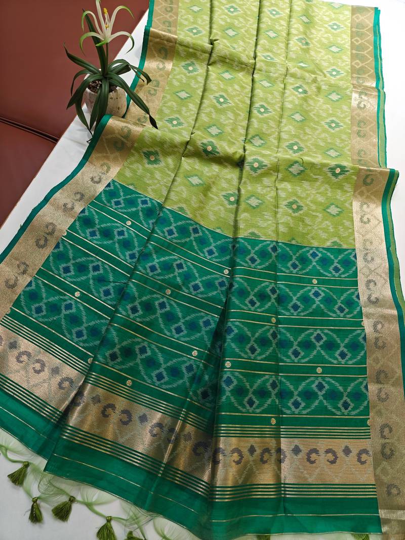 Light olive color resham and zari weaving raw silk pochampali ikkat saree