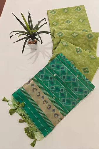 light olive raw silk pochampally ikkat saree with zari border