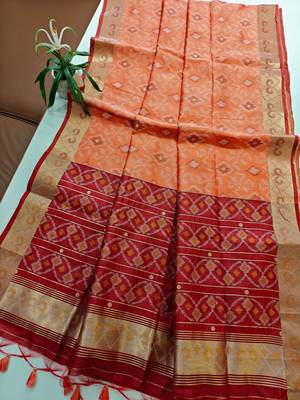 peach raw silk pochampally ikkat saree with zari border 2