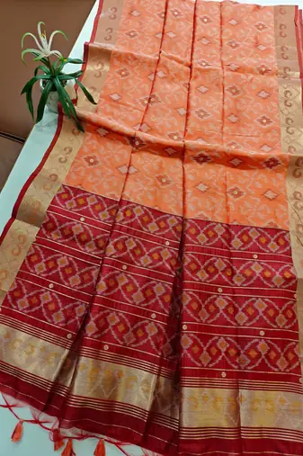 peach raw silk pochampally ikkat saree with zari border