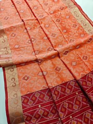 peach raw silk pochampally ikkat saree with zari border 3