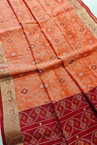 peach raw silk pochampally ikkat saree with zari border
