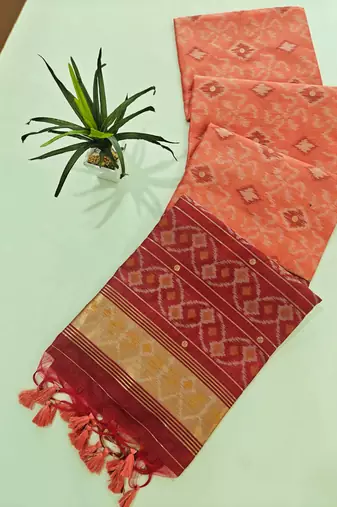 Peach color resham and zari weaving raw silk pochampali ikkat saree
