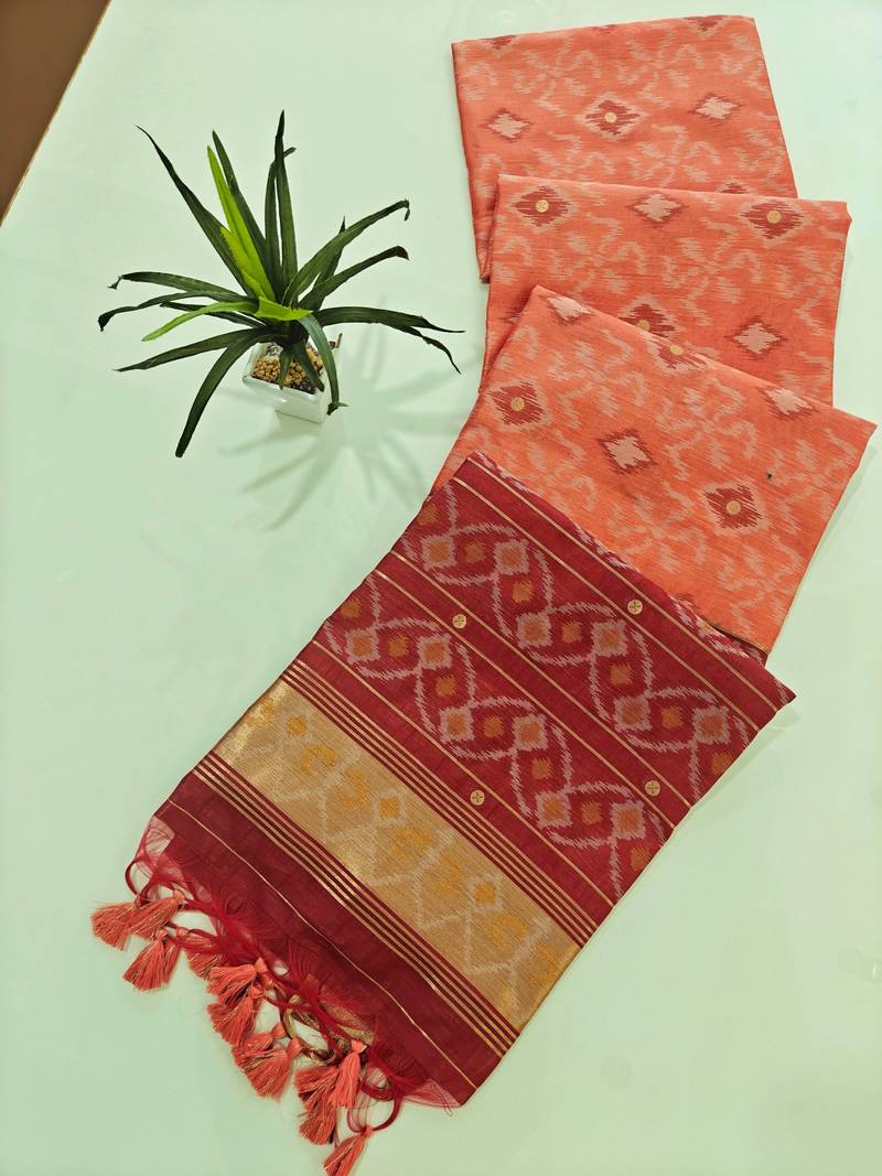 Peach color resham and zari weaving raw silk pochampali ikkat saree