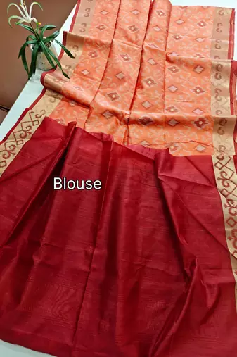 peach raw silk pochampally ikkat saree with zari border