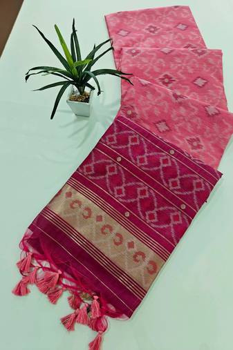 Pink color resham and zari weaving raw silk pochampali ikkat saree