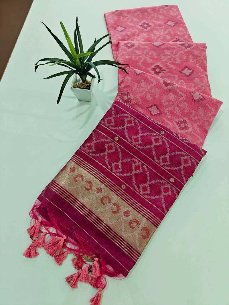 Pink color resham and zari weaving raw silk pochampali ikkat saree