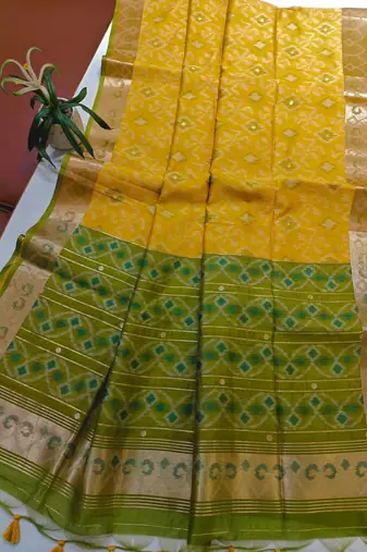 Yellow color resham and zari weaving raw silk pochampali ikkat saree