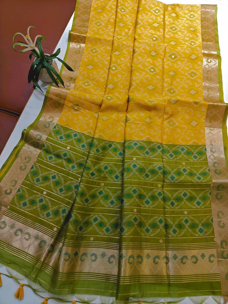 Yellow color resham and zari weaving raw silk pochampali ikkat saree