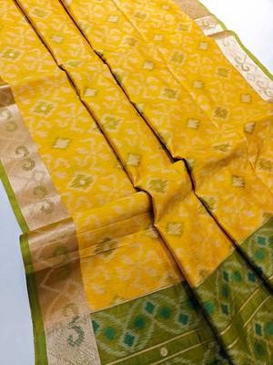 yellow resham and zari weaving raw silk pochampally ikkat saree 2