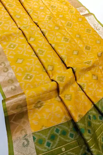 yellow resham and zari weaving raw silk pochampally ikkat saree