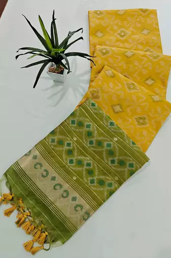yellow resham and zari weaving raw silk pochampally ikkat saree