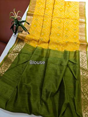 yellow resham and zari weaving raw silk pochampally ikkat saree 4