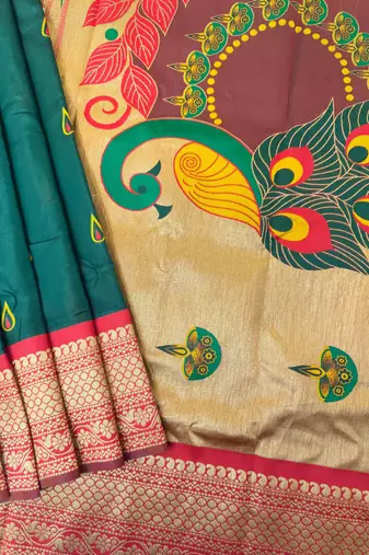 Dark green color peacock design with zari weaving banarasi paithani silk saree