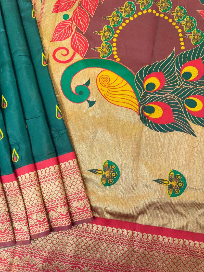 Dark green color peacock design with zari weaving banarasi paithani silk saree