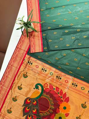 dark green peacock design zari weaving banarasi paithani silk saree 2
