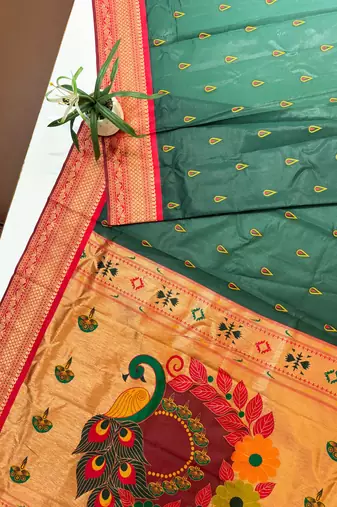 dark green peacock design zari weaving banarasi paithani silk saree