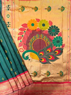 dark green peacock design zari weaving banarasi paithani silk saree 3
