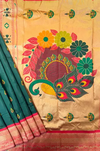 dark green peacock design zari weaving banarasi paithani silk saree