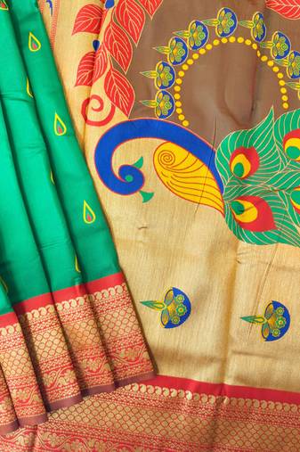 Emerald color peacock design with zari weaving banarasi paithani silk saree