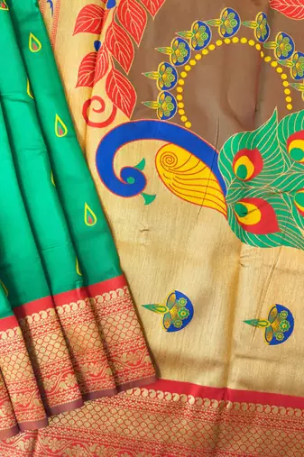 Emerald color peacock design with zari weaving banarasi paithani silk saree