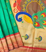 Emerald color peacock design with zari weaving banarasi paithani silk saree