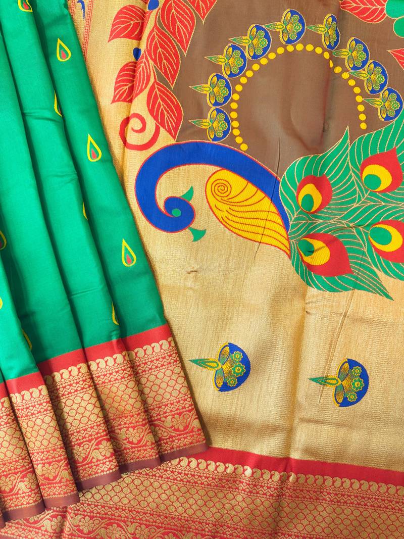 Emerald color peacock design with zari weaving banarasi paithani silk saree