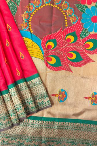Hot pink peacock design with zari weaving banarasi paithani silk saree