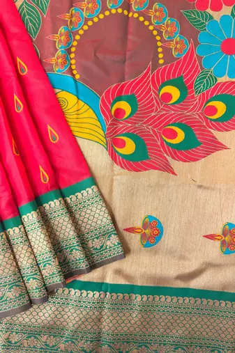 Hot pink peacock design with zari weaving banarasi paithani silk saree