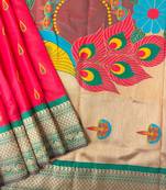 Hot pink peacock design with zari weaving banarasi paithani silk saree