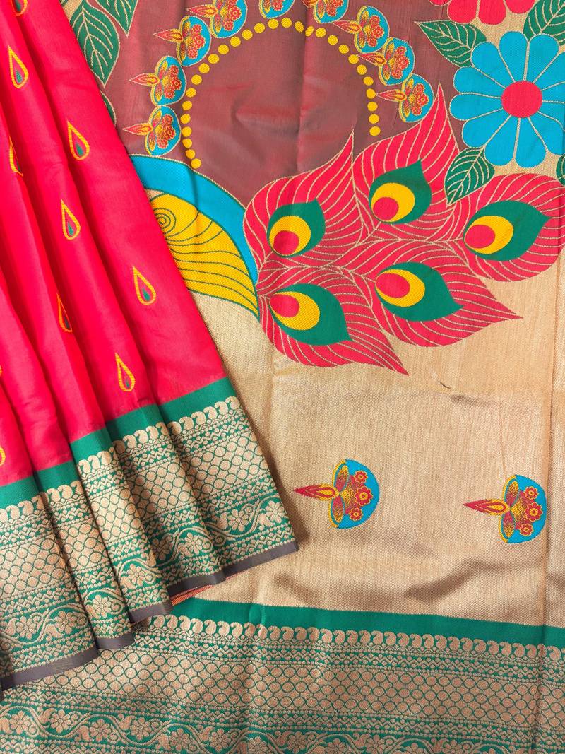 Hot pink peacock design with zari weaving banarasi paithani silk saree