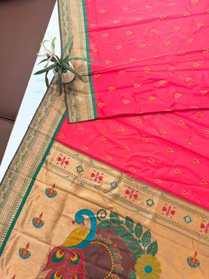 hot pink peacock design zari weaving banarasi saree 2