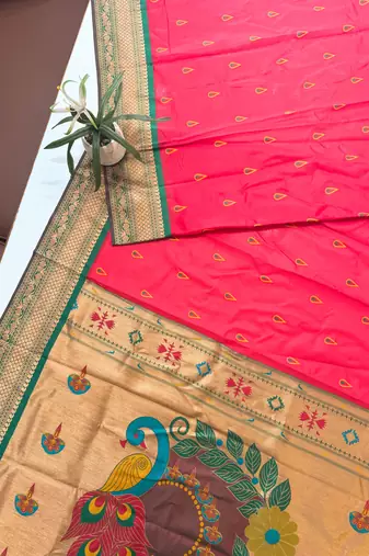 hot pink peacock design zari weaving banarasi saree